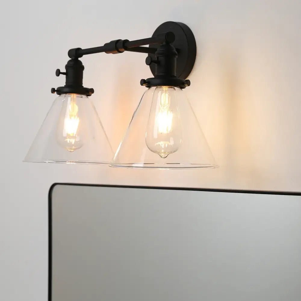 Industrial black double cone glass wall sconce bedroom light fixture