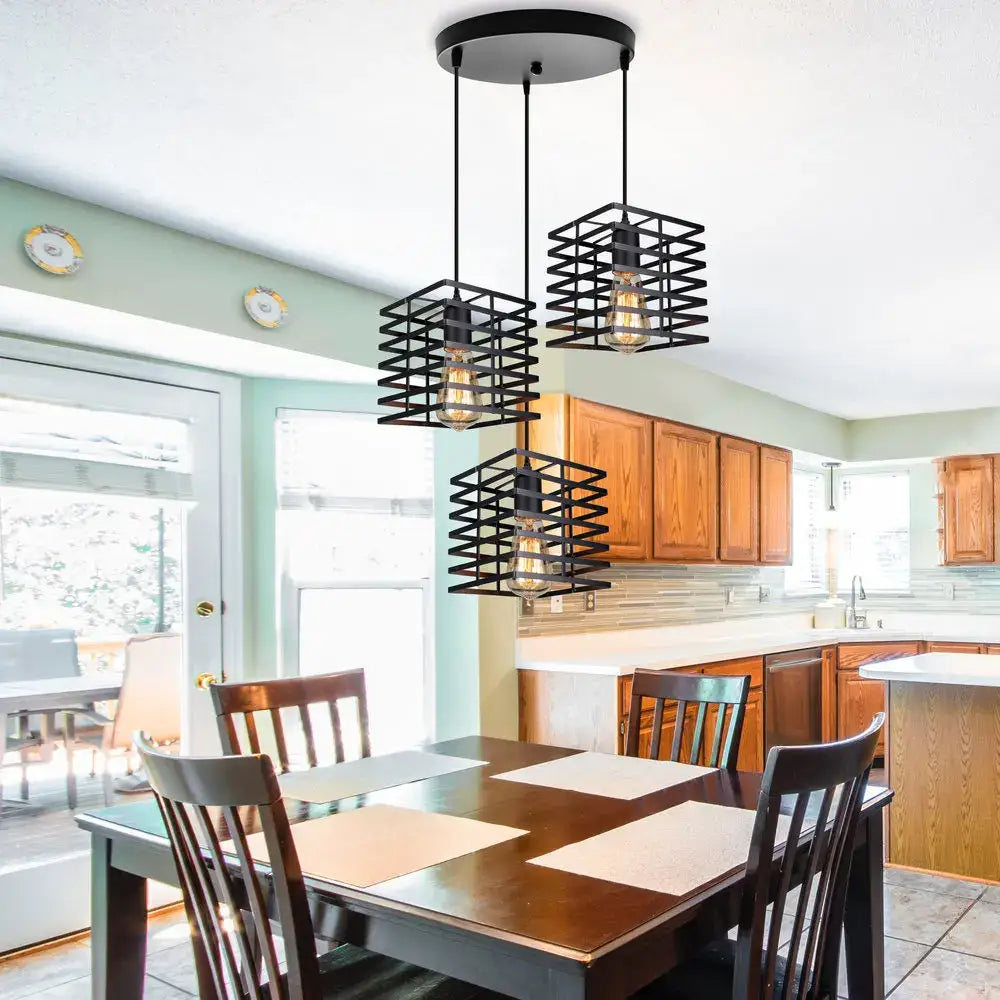 Industrial black geometric cage pendant light kitchen led