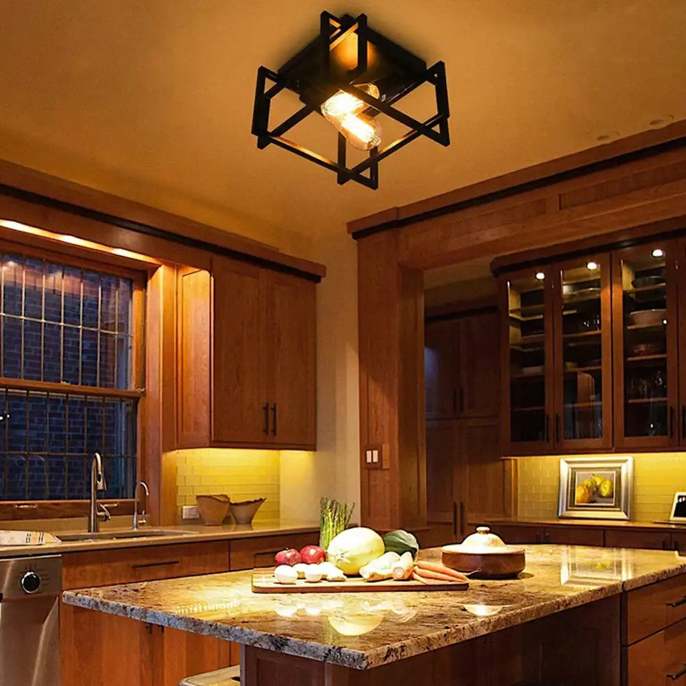Industrial black geometric ceiling light fixture for kitchens