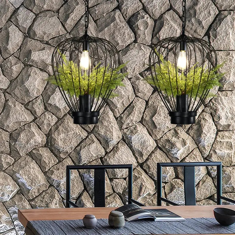 Industrial black green planting birdcage chandelier dining room light