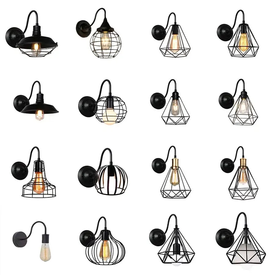 Industrial black iron cage wall sconce bedroom edison bulb light