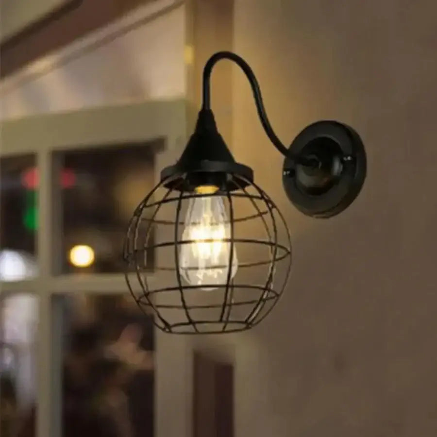 Industrial black iron cage wall sconce bedroom edison bulb light