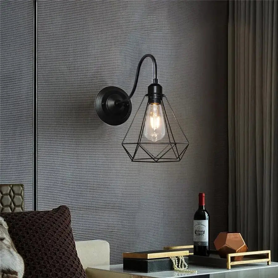Industrial black iron cage wall sconce bedroom edison bulb light