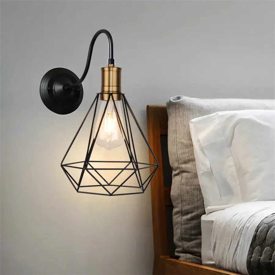 Industrial black iron cage wall sconce bedroom edison bulb light