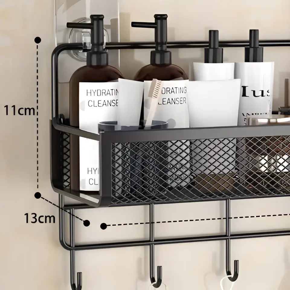 Industrial black metal mesh two tier wall shelf organizer kitchen rack