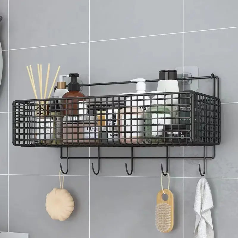 Industrial black metal mesh two tier wall shelf organizer kitchen rack