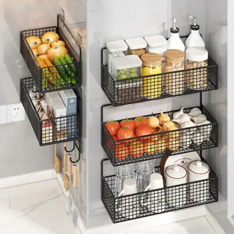 Industrial black metal mesh two tier wall shelf organizer kitchen rack