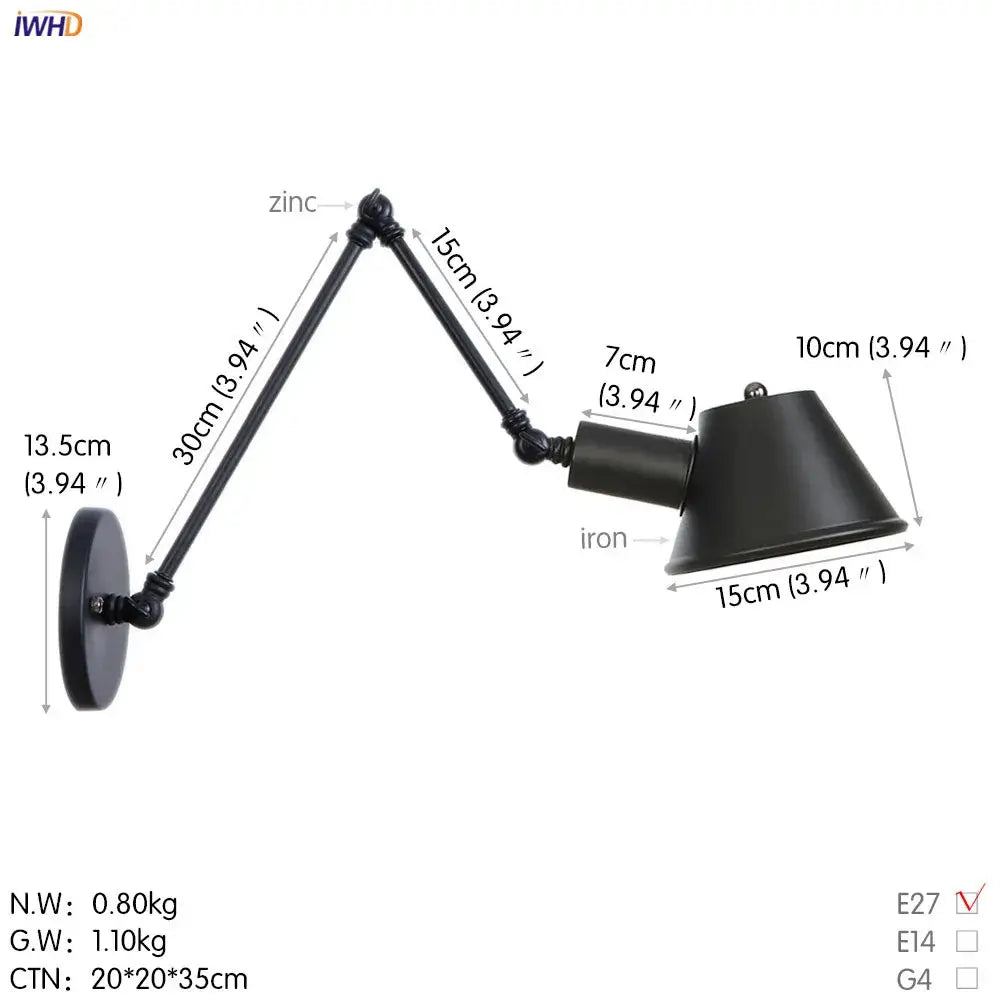 Industrial black single swing arm wall light bedroom sconce