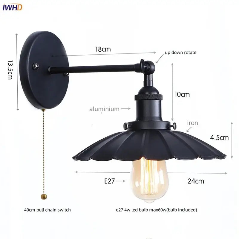 Industrial black vintage wall light for bathroom with edison bulb