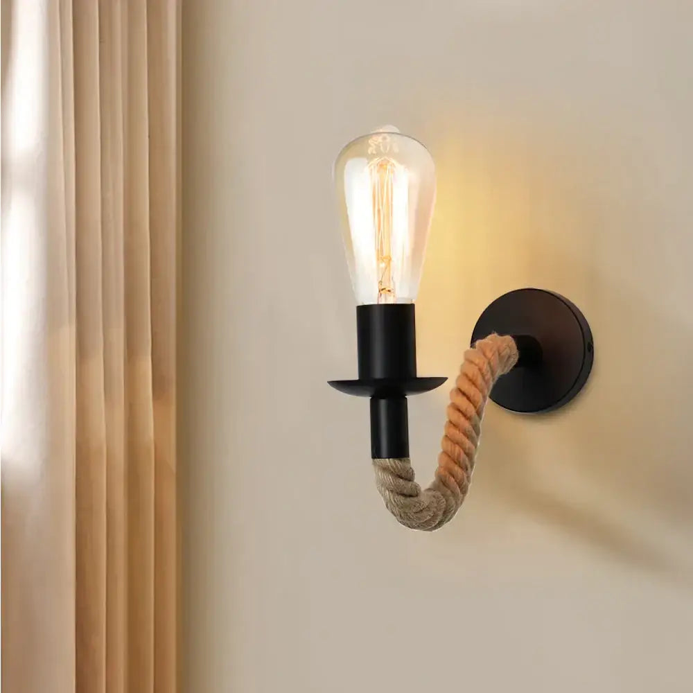 Industrial black & wood hemp rope wall lamp bedroom sconce