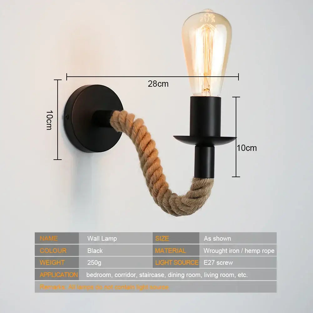 Industrial black & wood hemp rope wall lamp bedroom sconce