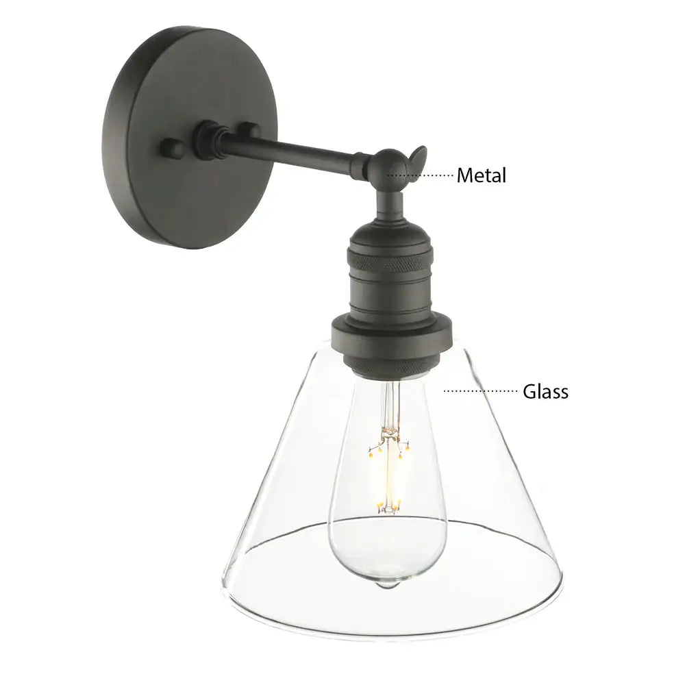 Industrial black wrought iron wall lamp with clear glass shade bedroom