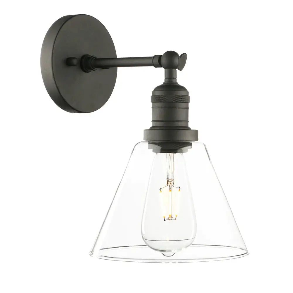Industrial black wrought iron wall lamp with clear glass shade bedroom