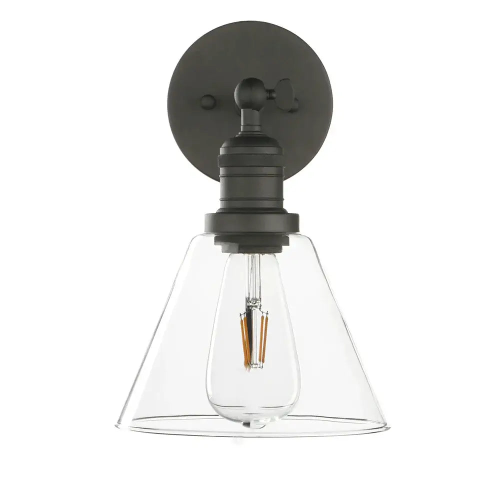 Industrial black wrought iron wall lamp with clear glass shade bedroom