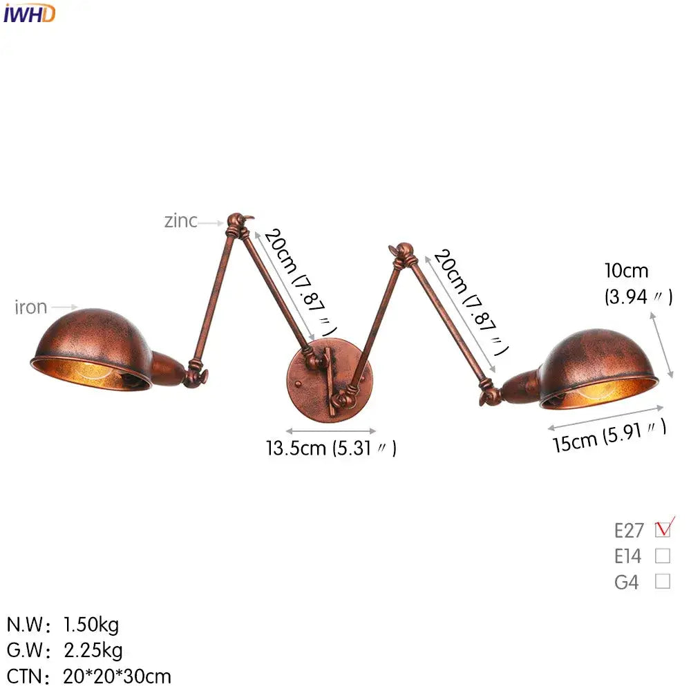 Industrial brass dual head adjustable wall sconce bedroom wall lamp