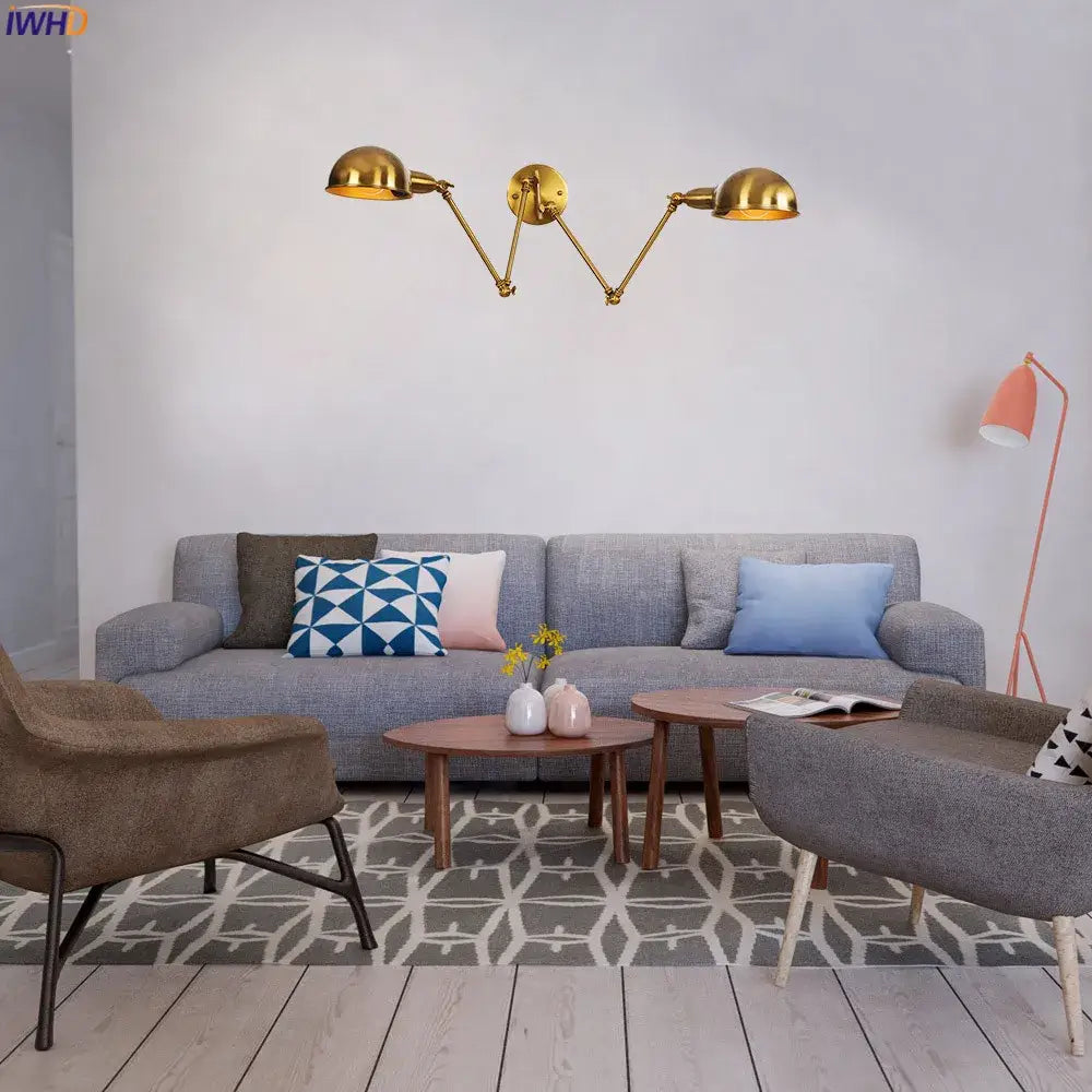 Industrial brass dual head adjustable wall sconce bedroom wall lamp