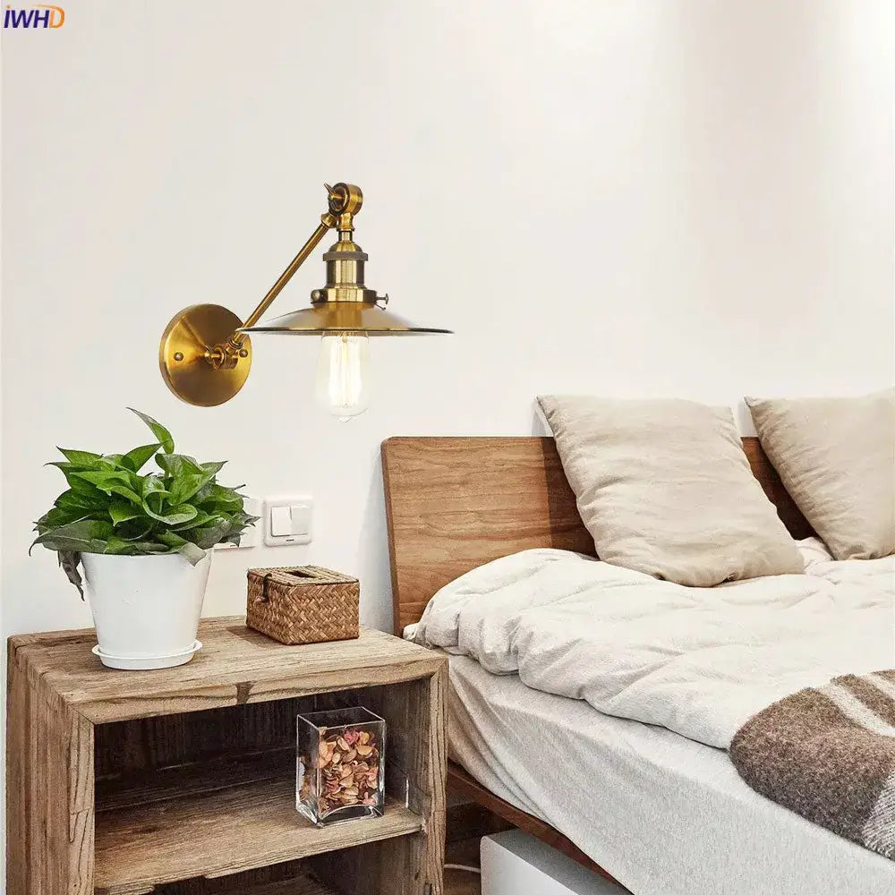 Industrial brass long arm led wall light bedroom sconce