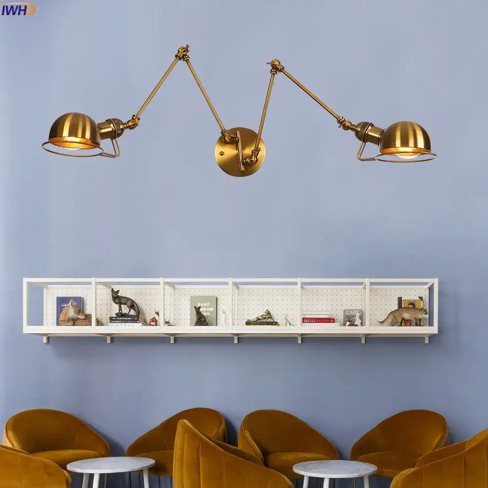 Industrial brass swing arm wall sconce bedroom reading lamp