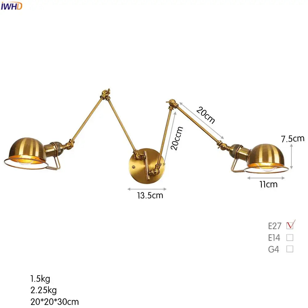 Industrial brass swing arm wall sconce bedroom reading lamp