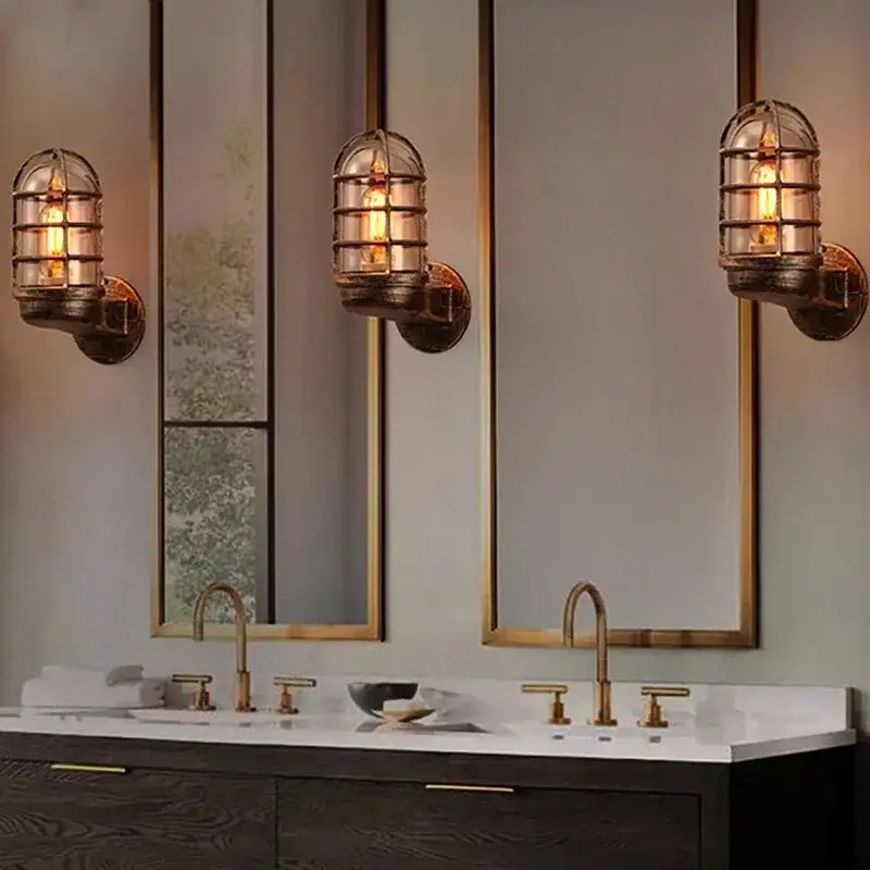 Industrial bronze iron cage guard wall sconce bedroom lantern light