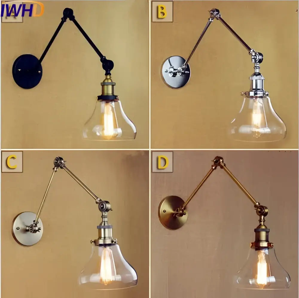 Industrial chrome glass swing arm wall lamp bedroom sconce
