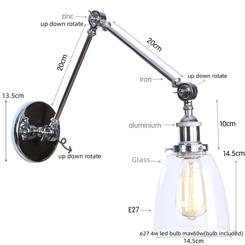Industrial chrome wall sconce bedroom swing arm glass lamp