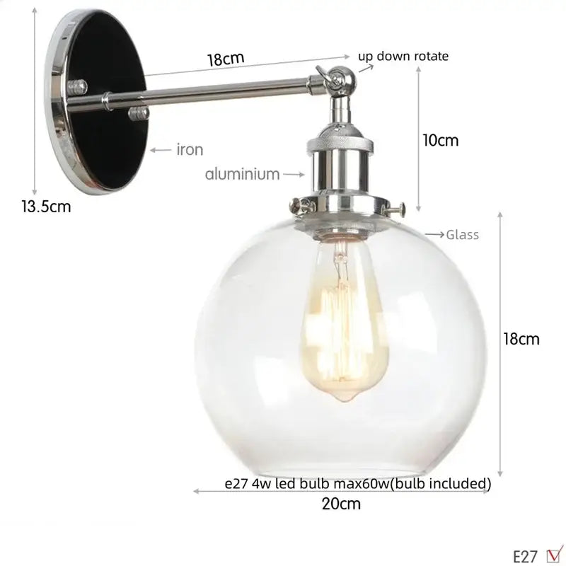 Industrial copper glass globe led wall sconce bedroom light