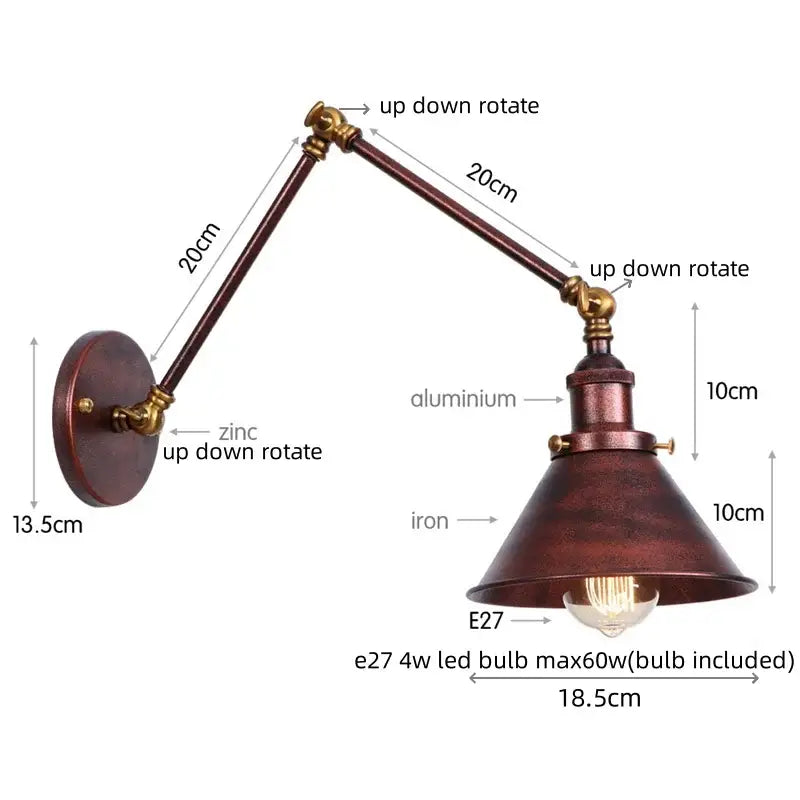 Industrial copper iron led wall lamp with pull chain for bedroom