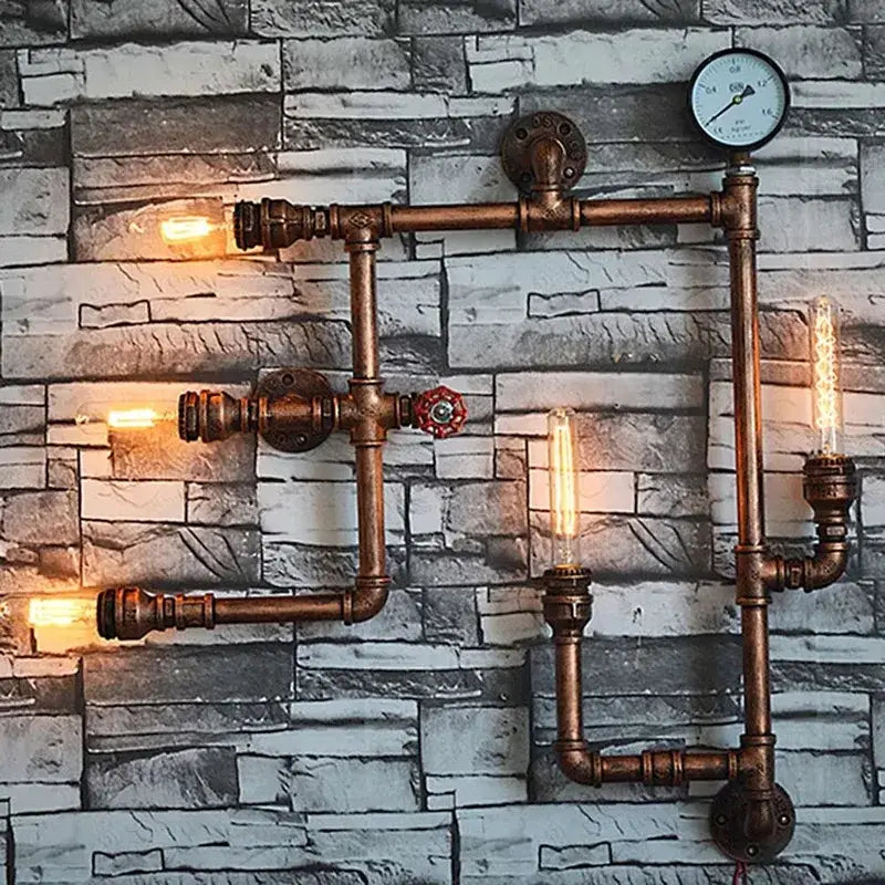 Industrial dark brass pipe wall lights living room gear sconce