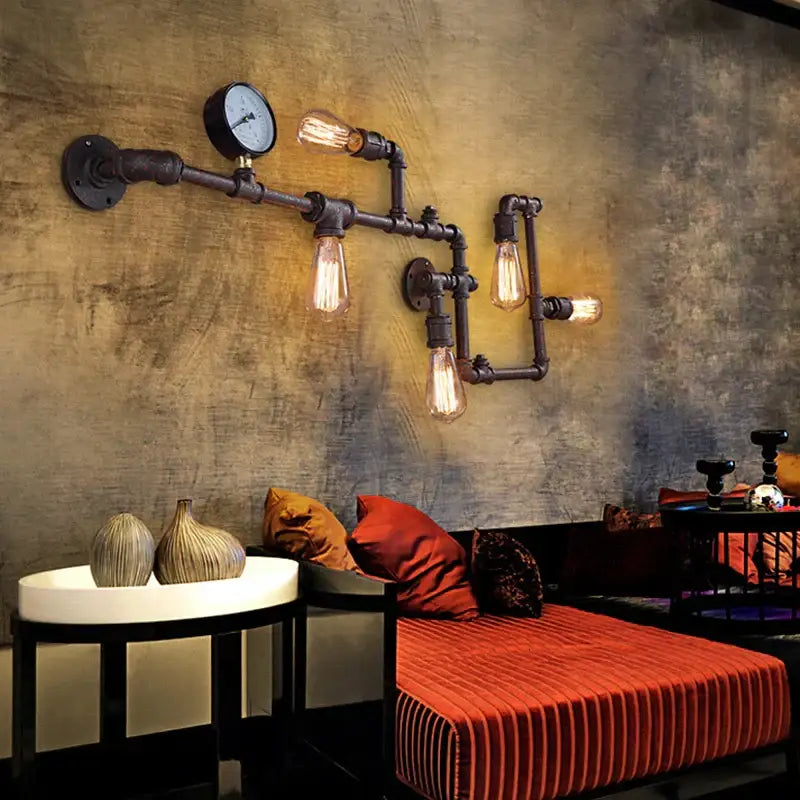 Industrial dark brass pipe wall lights living room gear sconce