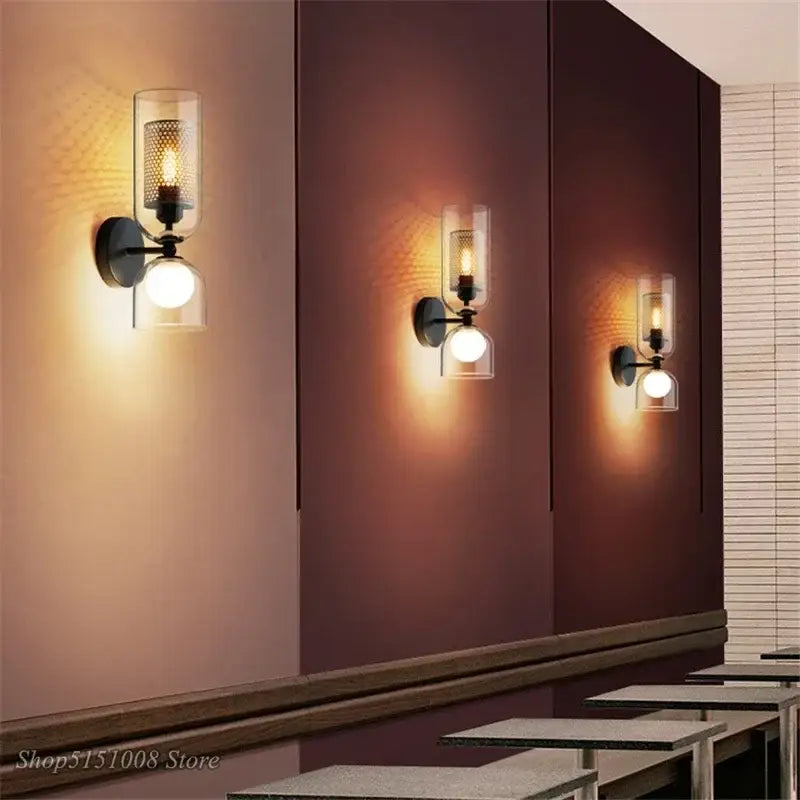Industrial double head iron net wall lamp bedroom glass sconce