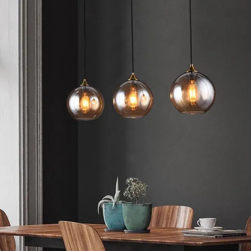 Industrial glass pendant light 3 spheres brass kitchen dining room