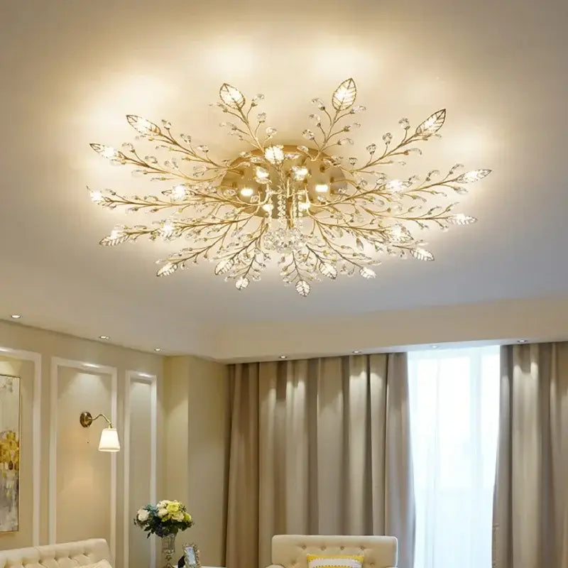 Industrial gold crystal leaf led ceiling light living room