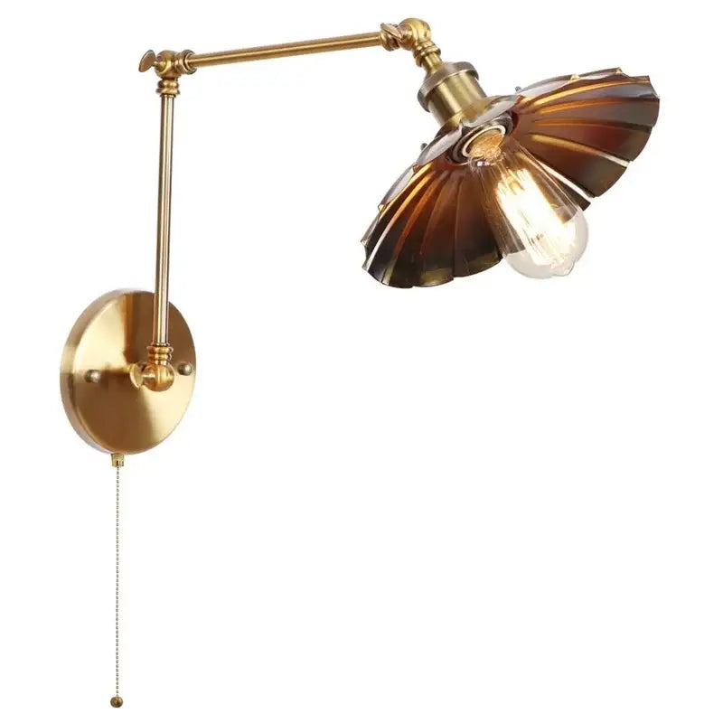 Industrial gold fluted wall lamp with pull chain switch bedroom sconce