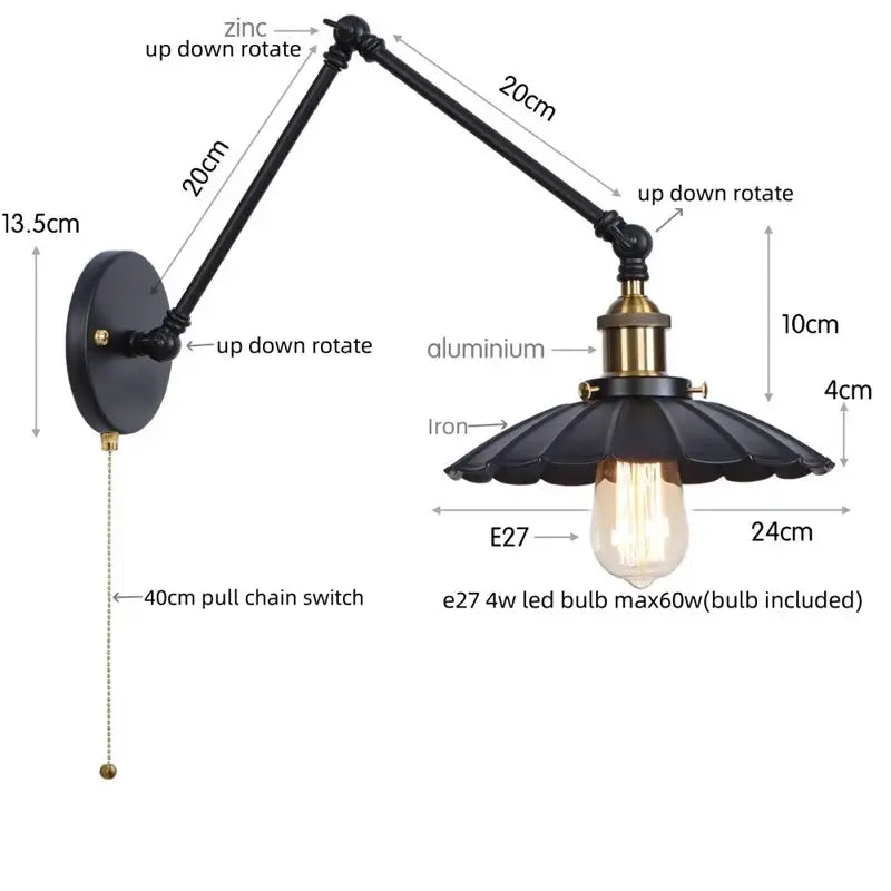 Industrial gold fluted wall lamp with pull chain switch bedroom sconce