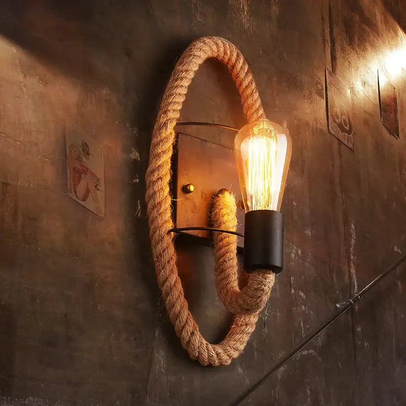 Industrial hemp rope wall lamp living room sconce with filament bulb