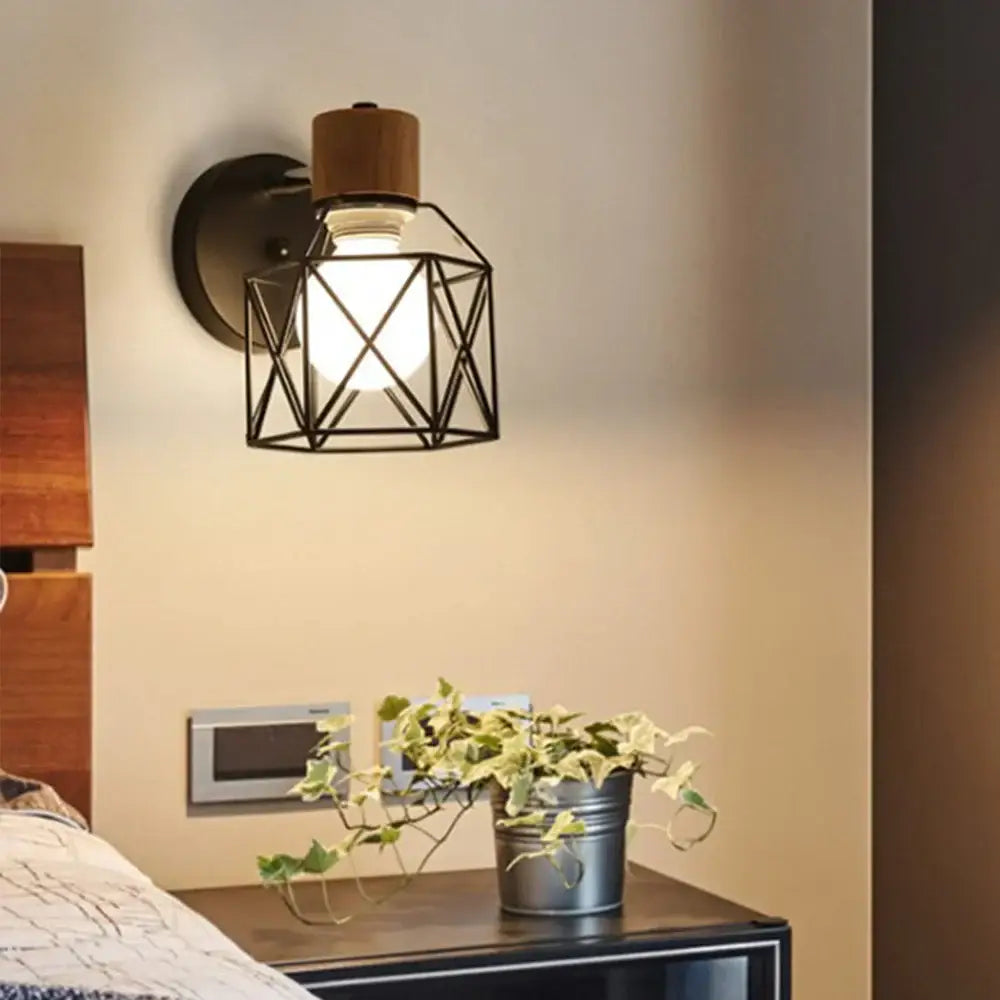 Industrial iron cage wall light bedroom black metal sconce