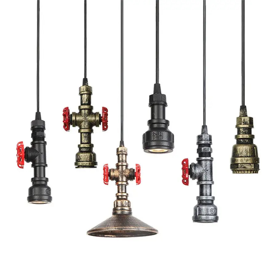 Industrial iron pipe pendant light kitchen black & brass with valve