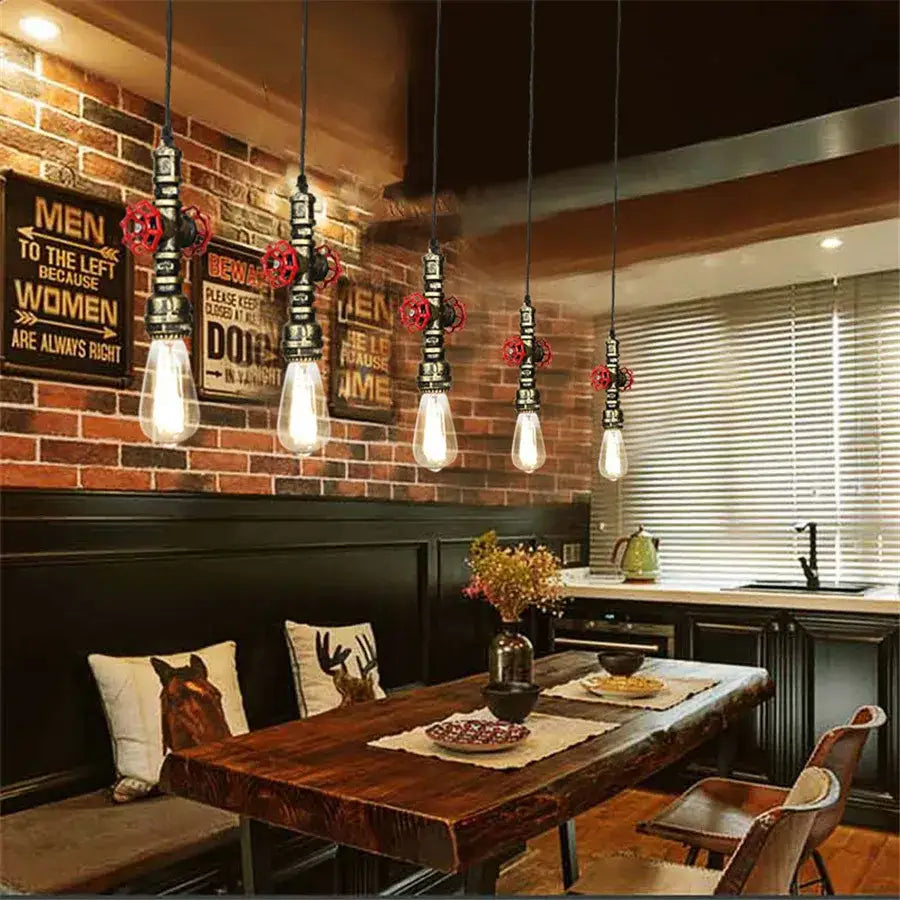 Industrial iron pipe pendant light kitchen black & brass with valve