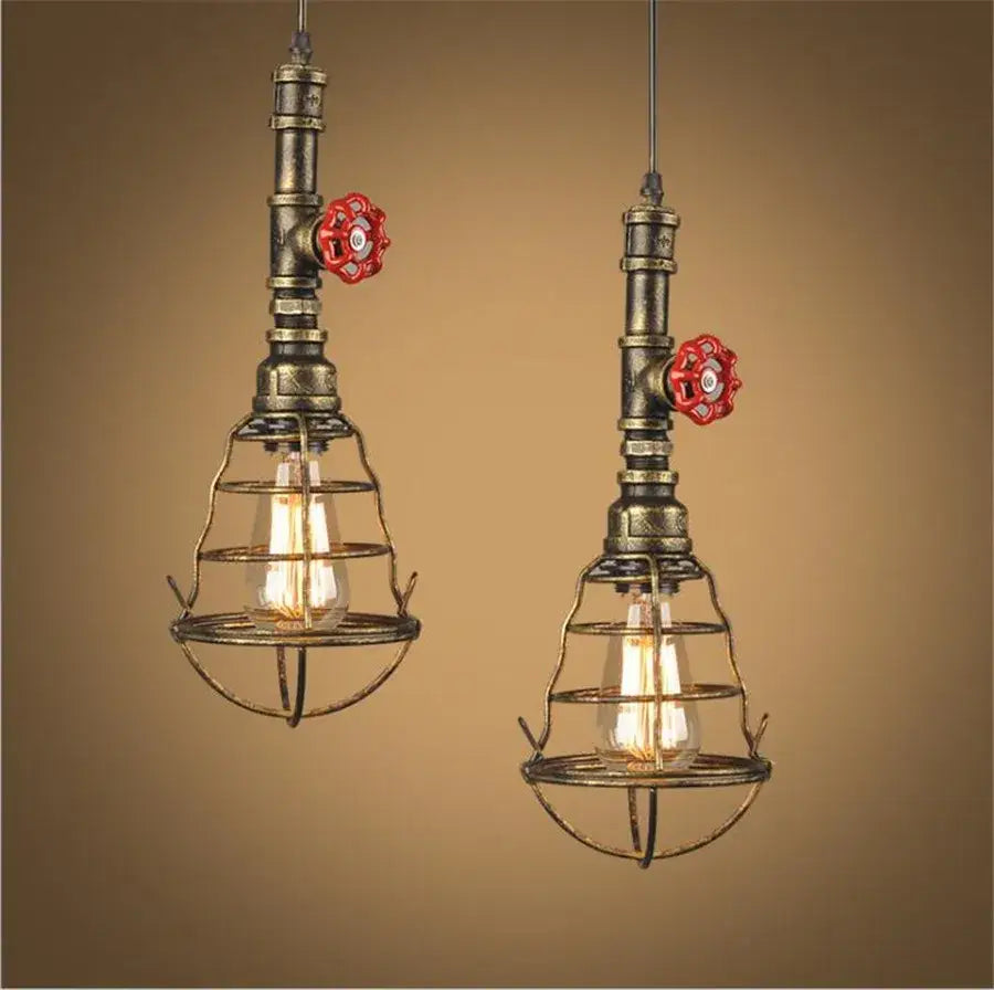 Industrial iron pipe pendant light kitchen black & brass with valve