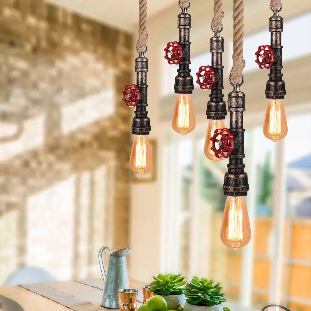 Industrial iron pipe pendant light with rope for dining room