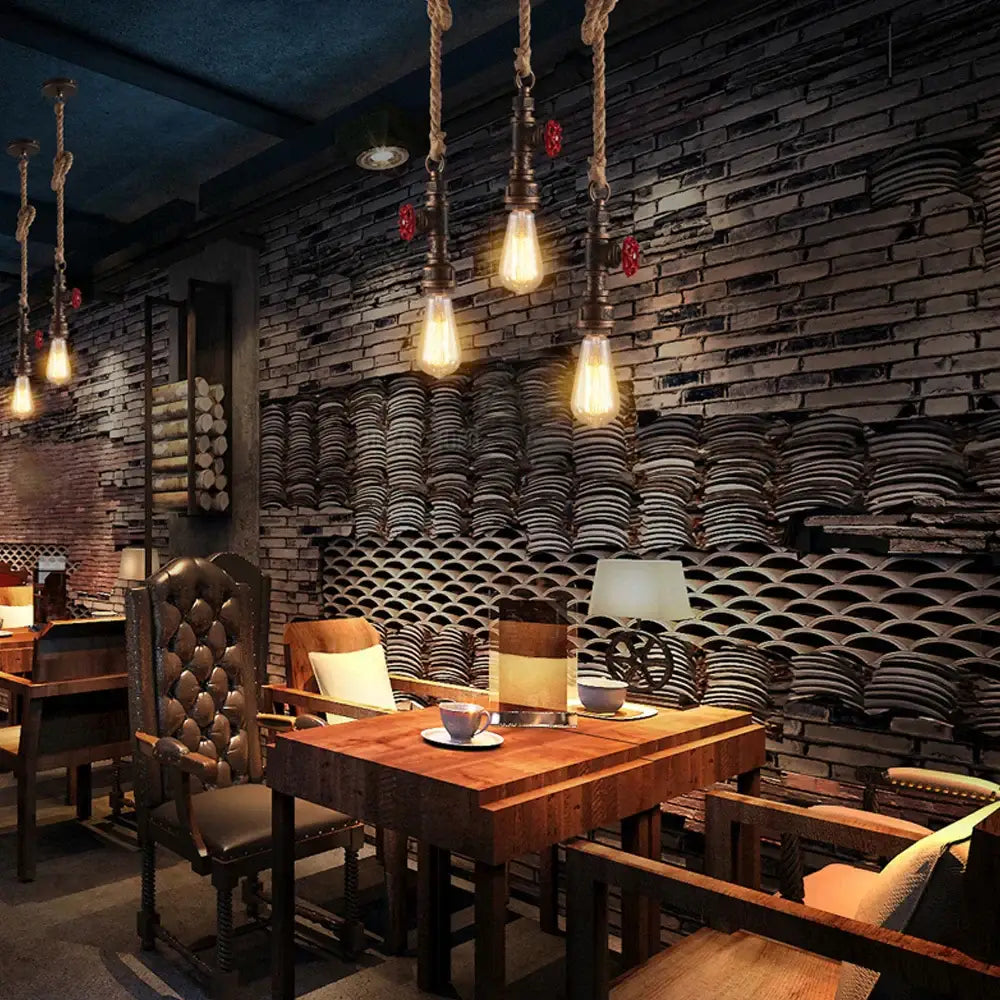 Industrial iron pipe pendant light with rope for dining room