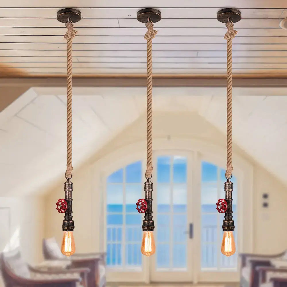 Industrial iron pipe pendant light with rope for dining room