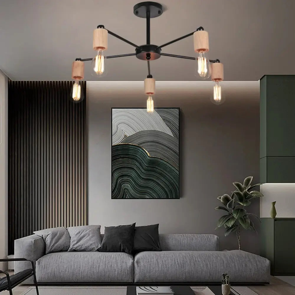 Industrial rod iron wood ceiling lamp living room globe chandelier