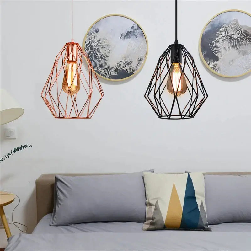 Industrial rose gold & black iron metal cage pendant – dining room