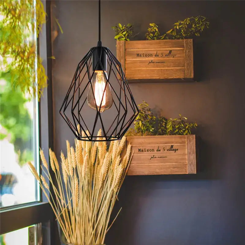 Industrial rose gold & black iron metal cage pendant – dining room