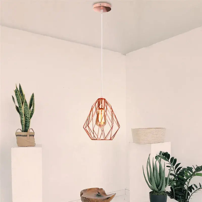 Industrial rose gold & black iron metal cage pendant – dining room
