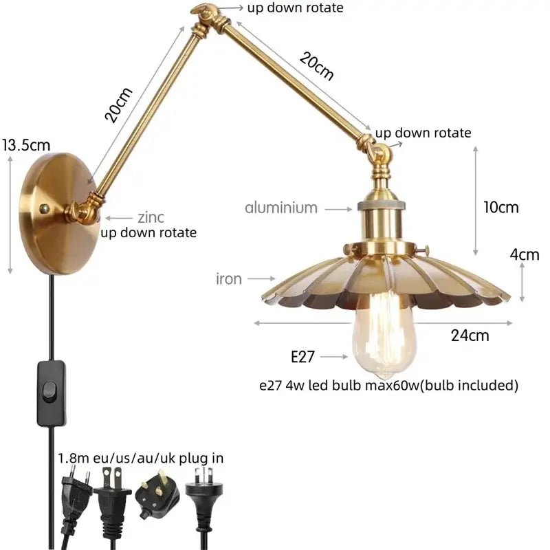 Industrial rustic antique brass & dark bronze wall sconce bedroom light