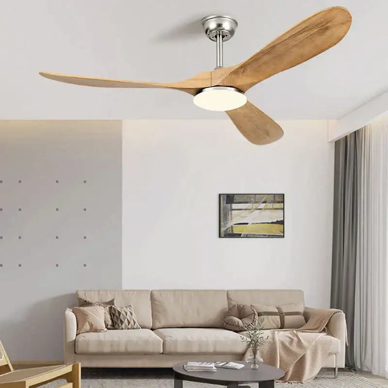Industrial silver and wood ceiling fan for living room with led light