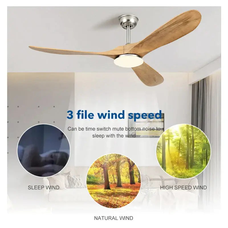 Industrial silver and wood ceiling fan for living room with led light